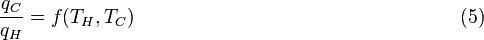 
\frac{q_C}{q_H} = f(T_H,T_C) \,\,\,\,\,\,\,\,\,\,\,\,\,\,\,\,\,\,\,\,\,\,\,\,\,\,\,\,\,\,\,\,\,\,\,\,\,\,\,\,\,\,\,\,\,\,\,\,\,\,\,\,\,\,\,\,\,\,\,\,\,\,\,\,\,\,\,\,\,\,\,\,\,\,\,\,\,\,\,\,\,\,\,\,\,\,\,\,\,\,\,\,\,\,\,\,\,\,(5)