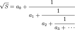 \sqrt{S} = a_0 + \cfrac{1}{a_1 + \cfrac{1}{a_2 + \cfrac{1}{a_3+\,\cdots}}} 