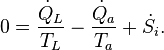 0 =\frac {\dot Q_L}{T_L} - \frac {\dot Q_a}{T_a}+ \dot S_{i}.