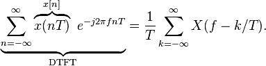 \underbrace {
\sum_ {
n-\infty}
^ {
\infty}
\overbrace {
x (nT)}
^ {
x [n]}
'\' 