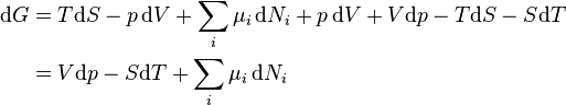 \begin{align}
\mathrm{d} G &= T\mathrm{d}S - p\,\mathrm{d}V + \sum_i \mu_i \,\mathrm{d} N_i + p \,\mathrm{d}V + V\mathrm{d}p - T\mathrm{d}S - S\mathrm{d}T\\
&= V\mathrm{d}p - S\mathrm{d}T + \sum_i \mu_i \,\mathrm{d} N_i
\end{align}