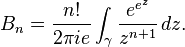 B_n = \frac{n!}{2 \pi i e} \int_{\gamma} \frac{e^{e^z}}{z^{n+1}} \, dz.