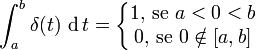 \int_{a}^{b} \delta (t) \,\operatorname dt= \left\{\begin{matrix} 1,\, \mbox{se } a < 0 < b \\ 0, \,\mbox{se } 0 \notin [a,b] \end{matrix}\right.