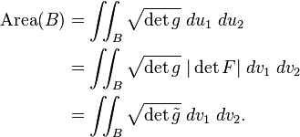 \begin {
vicigi}
\mboks {
Areo}
(B) & \int_B \sqrt {
\det g}
'\' 