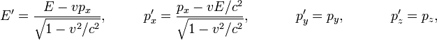 
E'=\frac{E-vp_x}{\sqrt{1-v^2/c^2}},~~~~~~~~p'_x=\frac{p_x-vE/c^2}{\sqrt{1-v^2/c^2}},~~~~~~~~~~p'_y=p_y,~~~~~~~~~~p'_z=p_z,
