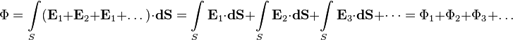 \Phi = \int\limits_S 
(\mathbf E_1 + \mathbf E_2 + \mathbf E_1 + \dots)
\cdot \mathbf{dS}
=\int\limits_S \mathbf E_1 \cdot \mathbf{dS}
+\int\limits_S \mathbf E_2 \cdot \mathbf{dS}
+\int\limits_S \mathbf E_3 \cdot \mathbf{dS}
+\dots
= \Phi_1 + \Phi_2 + \Phi_3 + \dots
