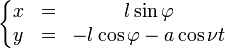 \begin{matrix}
\left\{
\begin{matrix}
x &=& l \sin \varphi\\
y &=& - l \cos \varphi - a \cos \nu t
\end{matrix} \right.
\end{matrix}