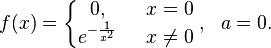 f(x)=
\left\{
\begin{matrix}
0,&\ \ x=0\\
e^{-\frac{1}{x^2}} &\ \ x\not=0
\end{matrix}
\right.,\ \  a=0.