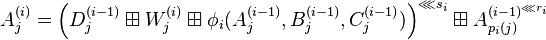  
A_j^{(i)} = \left(D_j^{(i-1)} \boxplus W_j^{(i)} \boxplus \phi_i(A_j^{(i-1)} , B_j^{(i-1)} , C_j^{(i-1)}) \right)^{\lll s_i} \boxplus A_{p_i(j)}^{(i-1)^{\lll r_i}}
