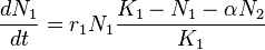 \frac{dN_1}{dt} = r_1 N_1\frac{K_1-N_1 - \alpha N_2}{K_1}\,