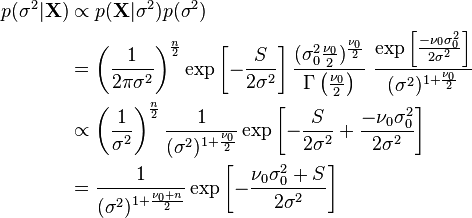 \begin{align}
p(\sigma^2|\mathbf{X}) &\propto p(\mathbf{X}|\sigma^2) p(\sigma^2) \\
&= \left(\frac{1}{2\pi\sigma^2}\right)^{\frac{n}{2}} \exp\left[-\frac{S}{2\sigma^2}\right] \frac{(\sigma_0^2\frac{\nu_0}{2})^{\frac{\nu_0}{2}}}{\Gamma\left(\frac{\nu_0}{2} \right)}~\frac{\exp\left[ \frac{-\nu_0 \sigma_0^2}{2 \sigma^2}\right]}{(\sigma^2)^{1+\frac{\nu_0}{2}}} \\
&\propto \left(\frac{1}{\sigma^2}\right)^{\frac{n}{2}} \frac{1}{(\sigma^2)^{1+\frac{\nu_0}{2}}} \exp\left[-\frac{S}{2\sigma^2} + \frac{-\nu_0 \sigma_0^2}{2 \sigma^2}\right] \\
&= \frac{1}{(\sigma^2)^{1+\frac{\nu_0+n}{2}}} \exp\left[-\frac{\nu_0 \sigma_0^2 + S}{2\sigma^2}\right]
\end{align}