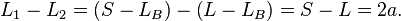 
L_{1} - L_{2} = \left( S - L_{B} \right) - \left( L - L_{B} \right) = S - L = 2a.
