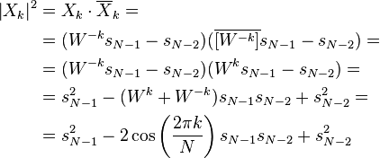 
\begin{align}
\left| X_k \right|^2 & = X_k \cdot \overline X_k = \\
& = (W^{-k} s_{N-1} - s_{N-2})(\overline{[W^{-k}]} s_{N-1} - s_{N-2}) = \\
& = (W^{-k} s_{N-1} - s_{N-2})(W^k s_{N-1} - s_{N-2})  = \\
& = s_{N-1}^2 - (W^k + W^{-k}) s_{N-1} s_{N-2} + s_{N-2}^2 = \\
& = s_{N-1}^2 - 2 \cos \left( \frac{2 \pi k}N \right) s_{N-1} s_{N-2} + s_{N-2}^2
\end{align}
