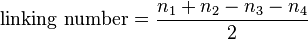 \tekst {
liganta nombro}
\frac {
n_1-+ n_2 - n_3 - n_4}
{
2}