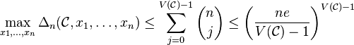 \maks_ {
ks_1, \ldots, ks_n}
\Delta_n (\matcal {
C}
, ks_1, \ldots, ks_n) \leq \sum_ {
j = 0}
^ {
V (\matcal {
C}
)
- 1}
{
n \kose j}
\leq \left (\frac {
n e}
{
V (\matcal {
C}
)
- 1}
\right)^ {
V (\matcal {
C}
)
- 1}