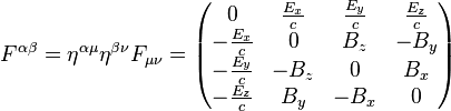 
  F^{\alpha\beta} 
 =   \eta^{\alpha \mu}  \eta^{\beta \nu}  F_{\mu\nu}
 =  \begin{pmatrix}
        0 & \frac{E_x}{c} & \frac{E_y}{c} & \frac{E_z}{c} \\
      -   \frac{E_x}{c} &  0   & B_z &  -  B_y \\
      -   \frac{E_y}{c} &  -  B_z &  0   & B_x \\
      -   \frac{E_z}{c} & B_y &  -  B_x & 0    \\
      \end{pmatrix}
