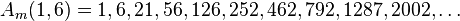 A_m (1,6) = 1,6, 21,56,126,252,462,792,1287,2002, \ldot'oj