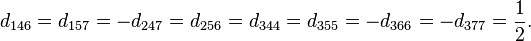 d_{146} = d_{157} = -d_{247} = d_{256} = d_{344} = d_{355} = -d_{366} = -d_{377} = \frac{1}{2}. \,