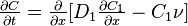 \tekststile \frac {
\partial C}
{
\partial t}
\frac {
\partial}
{
\partial x}
[D_1 \frac {
\partial C_1}
{
\partial x}
- c_1 \nu]