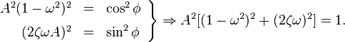 \left . \begin{array}{rcl} A^2  (1-\omega^2)^2 & = & \cos^2\phi \\[6pt] (2 \zeta \omega A)^2 & = & \sin^2\phi \end{array} \right \} \Rightarrow A^2[(1-\omega^2)^2 + (2 \zeta \omega)^2] = 1. 
