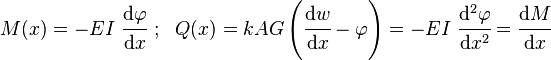 
    M(x) = -EI~ \cfrac{\mathrm{d}\varphi}{\mathrm{d}x} ~;~~ Q(x) = kAG\left(\cfrac{\mathrm{d}w}{\mathrm{d}x}-\varphi\right) = -EI~\cfrac{\mathrm{d}^2\varphi}{\mathrm{d}x^2} = \cfrac{\mathrm{d}M}{\mathrm{d}x}
 