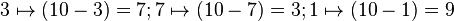 3 \mapsto (10-3) = 7; 7 \mapsto (10-7) = 3; 1 \mapsto (10-1) = 9