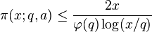 \pi (x;
q,) \le {
2x-\over \varfi (q) \log (ks/q)}