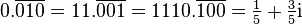 0.
\overline {
010}
= 11.
\overline {
001}
= 1110.
\overline {
100}
= \tfrac15+\tfrac35\matrm I