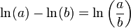 \ln () - \ln (b) = \ln\left (\frac {
}
{
b}
\right)