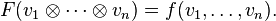 F (v_1\otime \cdots \otimes v_n) = f (v_1, \ldots, v_n).