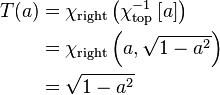 \begin{align}
 T(a) &= \chi_{\mathrm{right}}\left(\chi_{\mathrm{top}}^{-1}\left[a\right]\right) \\
      &= \chi_{\mathrm{right}}\left(a, \sqrt{1-a^2}\right) \\
      &= \sqrt{1-a^2}
\end{align}