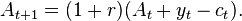 A_ {
t+1}
= (1+r) (A_t-+ i_t - c_t).