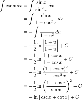 \begin{align}
\int \csc x\, dx
&= \int \frac{\sin x}{\sin^2x} \, dx\\
&= \int \frac{\sin x}{1-\cos^2 x} \, dx\\
&= -\int \frac{1}{1-u^2} \, du\\
&= -\frac{1}{2} \ln \left|\frac{1+u}{1-u}\right| + C\\
&= -\frac12\ln \frac{1+\cos x}{1-\cos x} + C\\
&=-\frac12\ln \frac{(1+\cos x)^2}{1-\cos^2 x} + C\\
&= -\frac12\ln \left (\frac{1+\cos x}{\sin x} \right)^2 + C\\
&= -\ln |\csc x + \cot x| + C
\end{align}