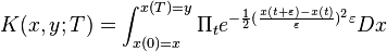         
       K(x,y;T) = \int_{x(0)=x}^{x(T)=y} \Pi_t e^{-{1\over 2} ({x(t+\varepsilon) -x(t) \over \varepsilon})^2 \varepsilon } Dx \,

