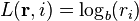 L (\matbf {
r}
, mi) = \log_b (r_i)