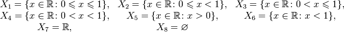 
\begin{matrix}
X_1 = \{ x \in \mathbb{R} \colon 0 \leqslant x \leqslant 1\}, &
X_2 = \{ x \in \mathbb{R} \colon 0 \leqslant x <         1\}, &
X_3 = \{ x \in \mathbb{R} \colon 0 <         x \leqslant 1\}, \\
X_4 = \{ x \in \mathbb{R} \colon 0 <         x <         1\}, &
X_5 = \{ x \in \mathbb{R} \colon x > 0\}, &
X_6 = \{ x \in \mathbb{R} \colon x < 1\},\\
X_7 = \mathbb{R}, &
X_8 = \varnothing &
\end{matrix}
