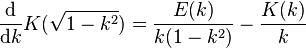 \frac {\mathrm{d}} {\mathrm{d}k} K(\sqrt{1-k^2}) = \frac{E(k)}{k(1-k^2)}-\frac{K(k)}{k}