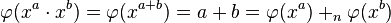 \varfi (x^a \cdot ks^b) = \varfi (ks^ {
a b}
)
= a b = \varfi (x^a) +_n \varfi (ks^b)