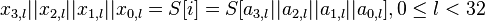 
x_{3,l} ||x_{2,l} ||x_{1,l} ||x_{0,l} = S[i] = S[a_{3,l} ||a_{2,l} ||a_{1,l} ||a_{0,l} ], 0 \leq l < 32
