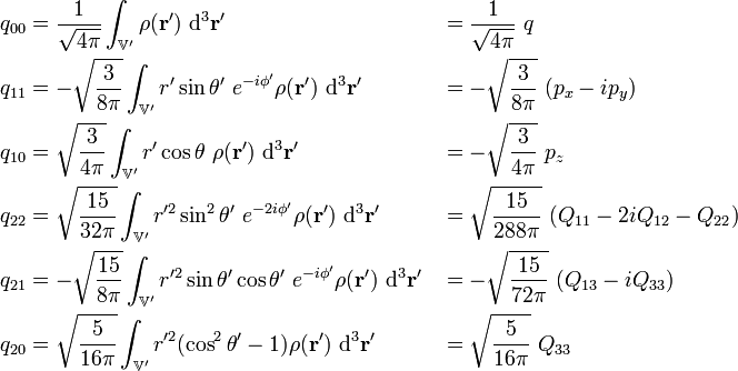 \begin{align}
 q_{00} & =\frac{1}{\sqrt{4\pi}}\int_{\mathbb{V'}}\rho(\mathbf{r}')\ \mathrm{d}^3\mathbf{r}'
              &  & =\frac{1}{\sqrt{4\pi}}\ q \\
 q_{11} & = -\sqrt{\frac{3}{8\pi}}\int_{\mathbb{V'}} r' \sin{\theta'}\ e^{-i\phi'}\rho(\mathbf{r}')\ \mathrm{d}^3\mathbf{r}' 
              &  & = -\sqrt{\frac{3}{8\pi}}\ (p_x - ip_y) \\
 q_{10} & =\sqrt{\frac{3}{4\pi}}\int_{\mathbb{V'}} r' \cos{\theta}\ \rho(\mathbf{r}')\ \mathrm{d}^3\mathbf{r}' 
              &  &  = -\sqrt{\frac{3}{4\pi}}\ p_z \\
 q_{22} & =\sqrt{\frac{15}{32\pi}}\int_{\mathbb{V'}} r^{\prime 2} \sin^2{\theta'}\ e^{-2i\phi'}\rho(\mathbf{r}')\ \mathrm{d}^3\mathbf{r}' 
              &  &  =\sqrt{\frac{15}{288\pi}}\ (Q_{11}-2iQ_{12}-Q_{22})  \\
q_{21} & = - \sqrt{\frac{15}{8\pi}}\int_{\mathbb{V'}} r^{\prime 2} \sin{\theta'}\cos{\theta'}\ e^{-i\phi'}\rho(\mathbf{r}')\ \mathrm{d}^3\mathbf{r}' 
              &  &  = - \sqrt{\frac{15}{72\pi}}\ (Q_{13}-iQ_{33}) \\
 q_{20} & =\sqrt{\frac{5}{16\pi}}\int_{\mathbb{V'}} r^{\prime 2}(\cos^2{\theta'}-1)\rho(\mathbf{r}')\ \mathrm{d}^3\mathbf{r}' 
              &  &  =\sqrt{\frac{5}{16\pi}}\ Q_{33}
\end{align}