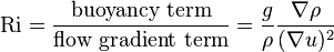 \matrm {
Ri}
= \frac {
\tekst {
flosemperiodo}
}
{
\tekst {
flua gradientperiodo}
}
= \frac {
g}
{
\rho}
\frac {
\nabla \rho}
{
(\nabla u)^ 2}