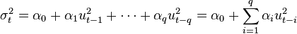  \sigma_t^2=\alpha_0+\alpha_1 u_{t-1}^2+\cdots+\alpha_q u_{t-q}^2 = \alpha_0 + \sum_{i=1}^q \alpha_{i} u_{t-i}^2 