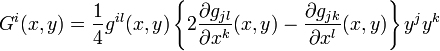 G^i(x,y)=\frac{1}{4}
g^{il}(x,y)\left\{2\frac{\partial g_{jl}}{\partial
x^k}(x,y)-\frac{\partial g_{jk}}{\partial x^l}(x,y)
\right\}y^jy^k