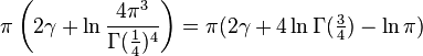 \pi\left(2\gamma+\ln\frac{4\pi^3}{\Gamma(\tfrac{1}{4})^4}\right) =
  \pi (2 \gamma + 4 \ln\Gamma(\tfrac{3}{4}) - \ln\pi) 