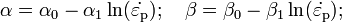 \alpha = \alfa_0 - \alfa_1 \ln (\dot {
\varepsilon_ {
\rm {
p}
}
}
)
;
\kvad \beta = \beta_0 - \beta_1 \ln (\dot {
\varepsilon_ {
\rm {
p}
}
}
)
;