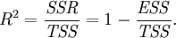 
{R^2  = \frac{\mathit{SSR}}{{\mathit{TSS}}} = 1 - \frac{\mathit{ESS}}{\mathit{TSS}}}.
