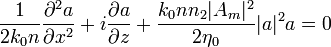 \frac {
1}
{
2 k_0 n}
\frac {
\partial^2}
{
\partial ks^2}
+ I \frac {
\partial}
{
\partial z}
+ \frac {
k_0 n n_2|
A_m|
^ 2}
{
2 \eta_0}
|
|
^ 2 = 0