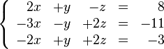 
   \left \{
      \begin{array}{rrrcr}
          2x & + y &   -z & = &   8 \\
         -3x & - y & + 2z & = & -11 \\
         -2x & + y & + 2z & = &  -3 \\
      \end{array}
   \right .
