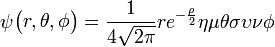 \psi \begin{pmatrix} r, \theta, \phi \end{pmatrix} = \frac{1}{4 \sqrt{2 \pi}} re^{- \frac{\rho}{2}} \eta \mu \theta \sigma \upsilon \nu \phi 