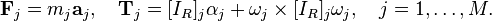 \matbf {
F}
_j = m_j \matbf {
}
_j, \kvad \matbf {
T}
_j = [I_R] _j\alfa_j + \omega_j\times [I_R] _j\omega_j, \kvad j 1, \ldots, M.